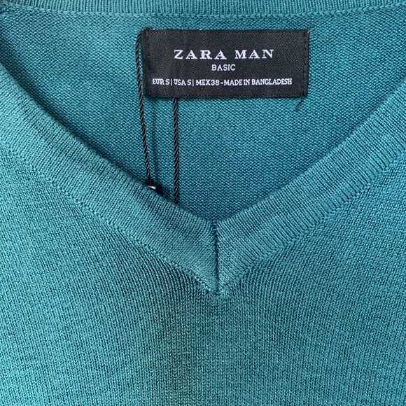 Zara Men's Teal V-Neck Sweater With Ribbed Trim - Picture 2 of 6